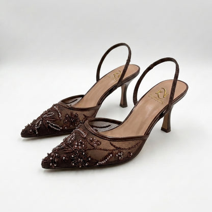 Flora Beaded Floral Mesh Slingback Heels