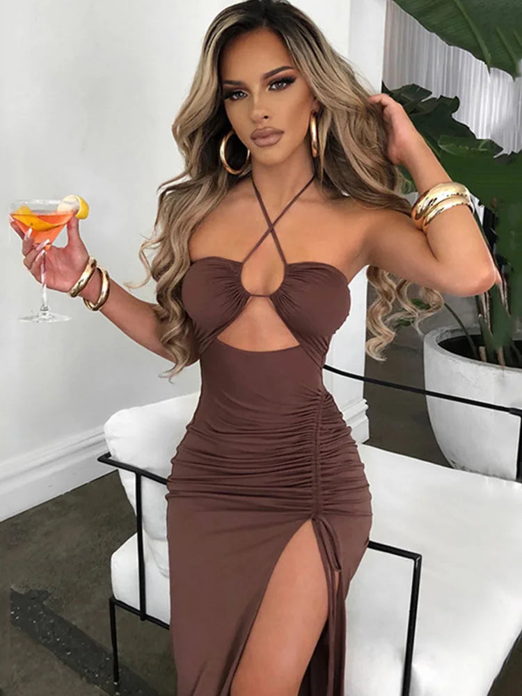 Halter Neck Criss Cross Cutout Ruched Side Slit Midi Dress
