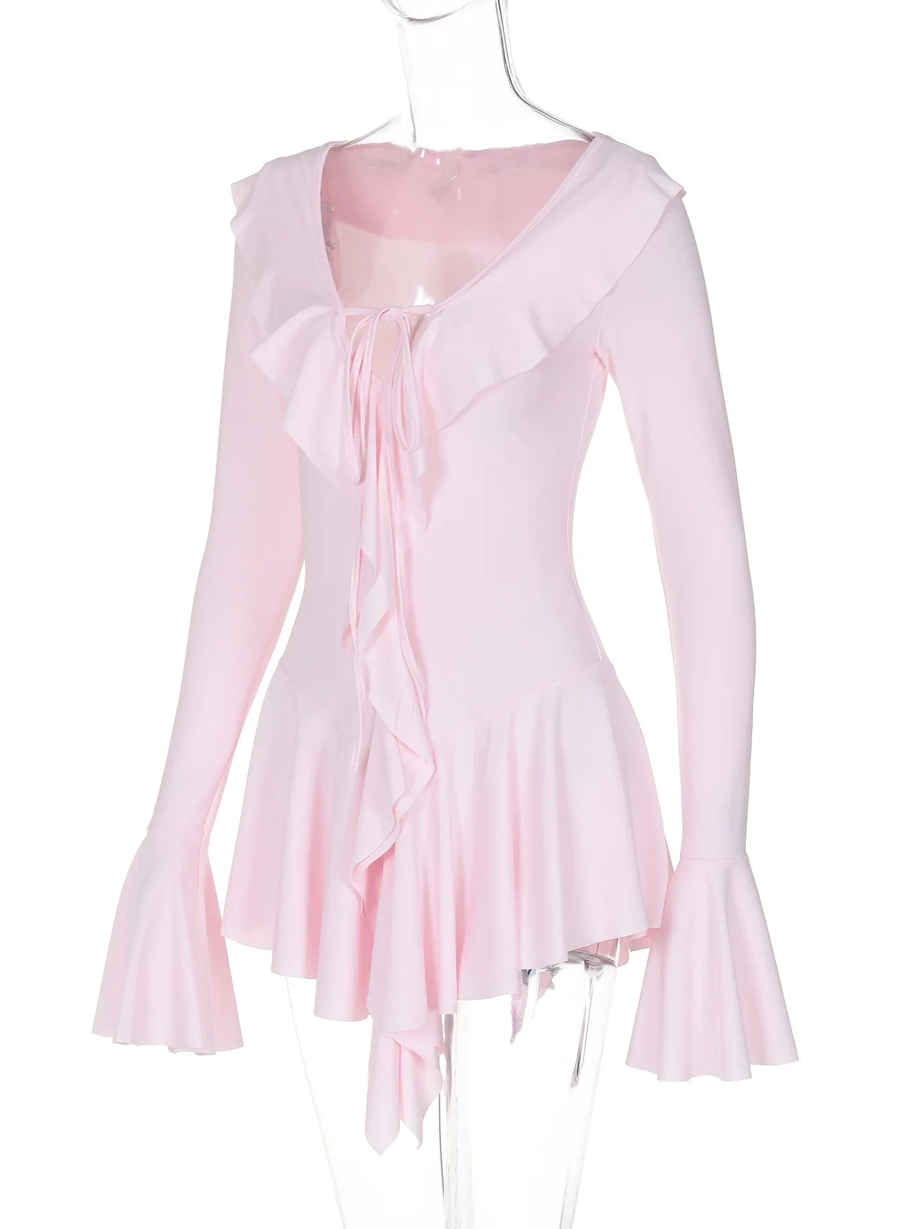Long Sleeve Ruffle Trim Tie Front Mini Dress