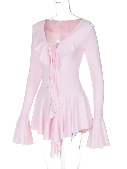 Long Sleeve Ruffle Trim Tie Front Mini Dress