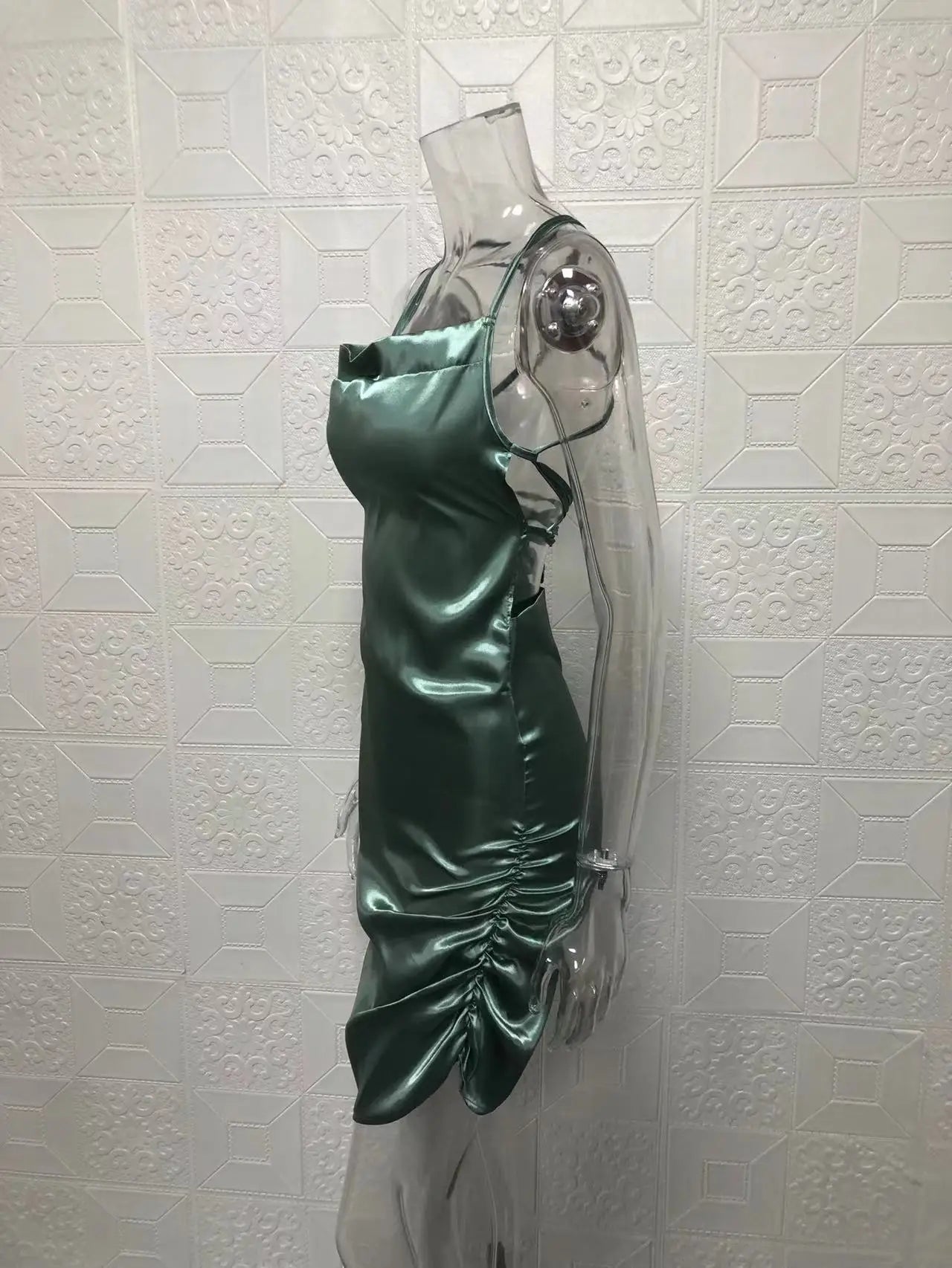 Satin Cowl Neck Ruched Side Slit Mini Dress