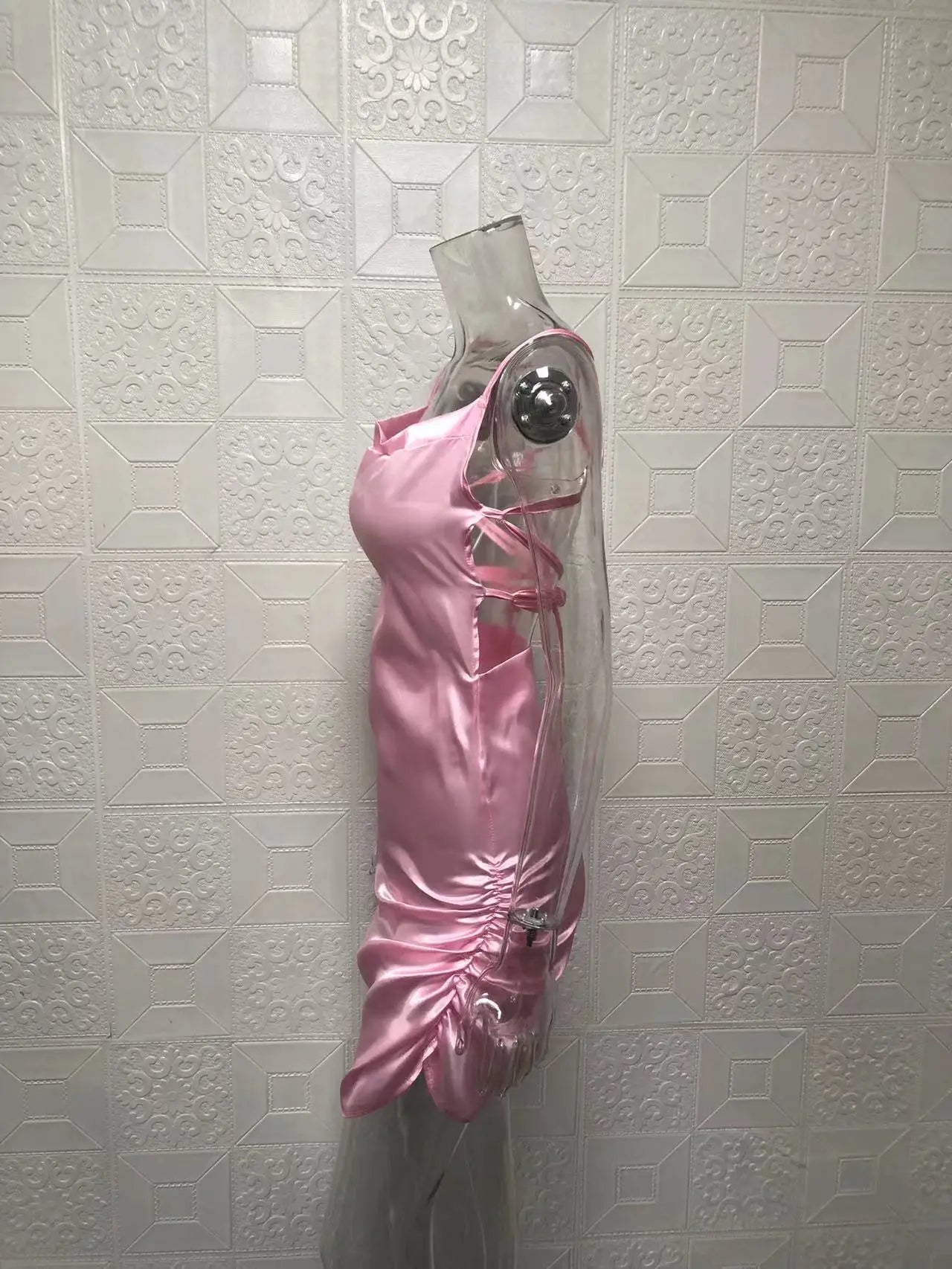 Satin Cowl Neck Ruched Side Slit Mini Dress