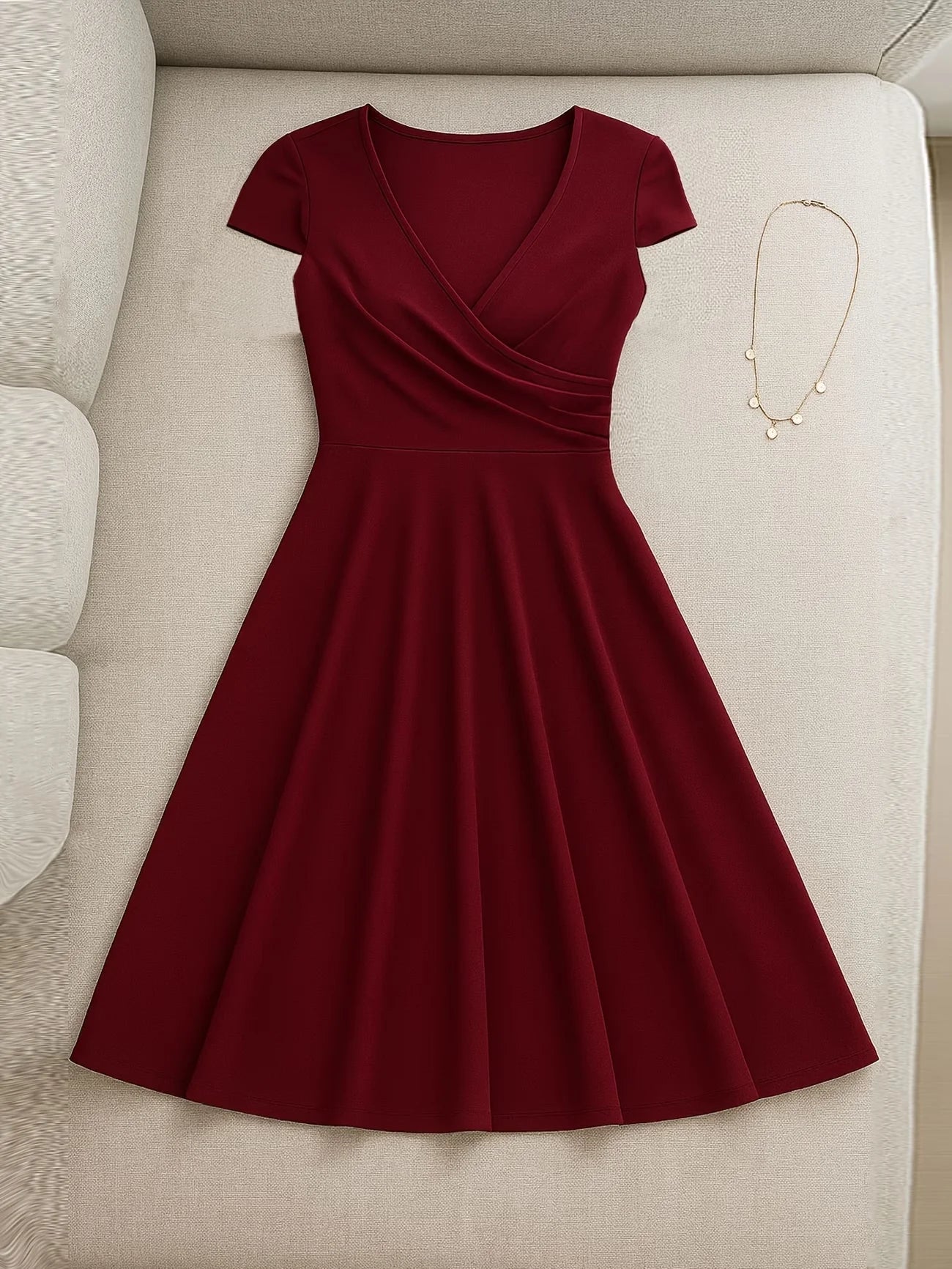 V Neck Cap Sleeve Wrap Front A Line Midi Dress