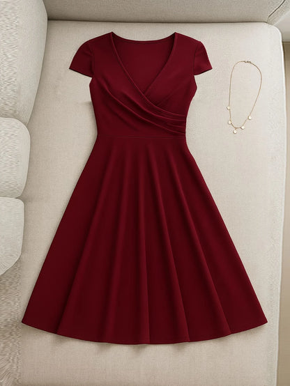 V Neck Cap Sleeve Wrap Front A Line Midi Dress