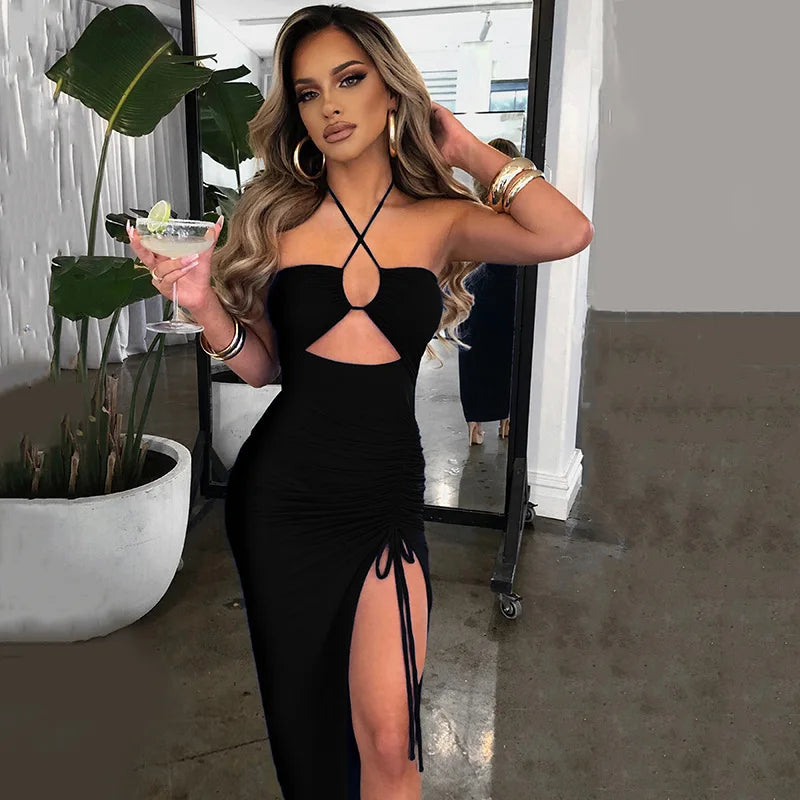Halter Neck Criss Cross Cutout Ruched Side Slit Midi Dress