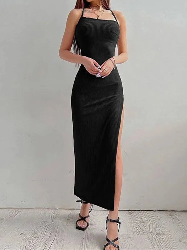 Halter Neck Ribbed High Slit Midi Dress