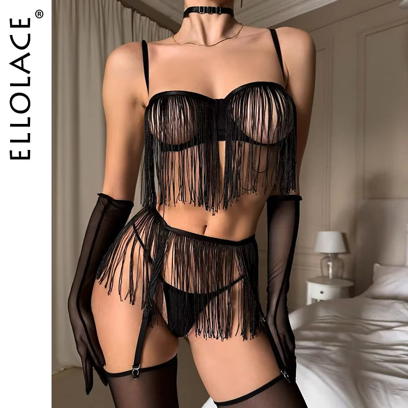 Tassel Sheer Garter Lingerie Set 8 Piece Collection