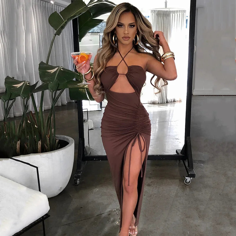 Halter Neck Cutout Ruched Side Slit Midi Dress