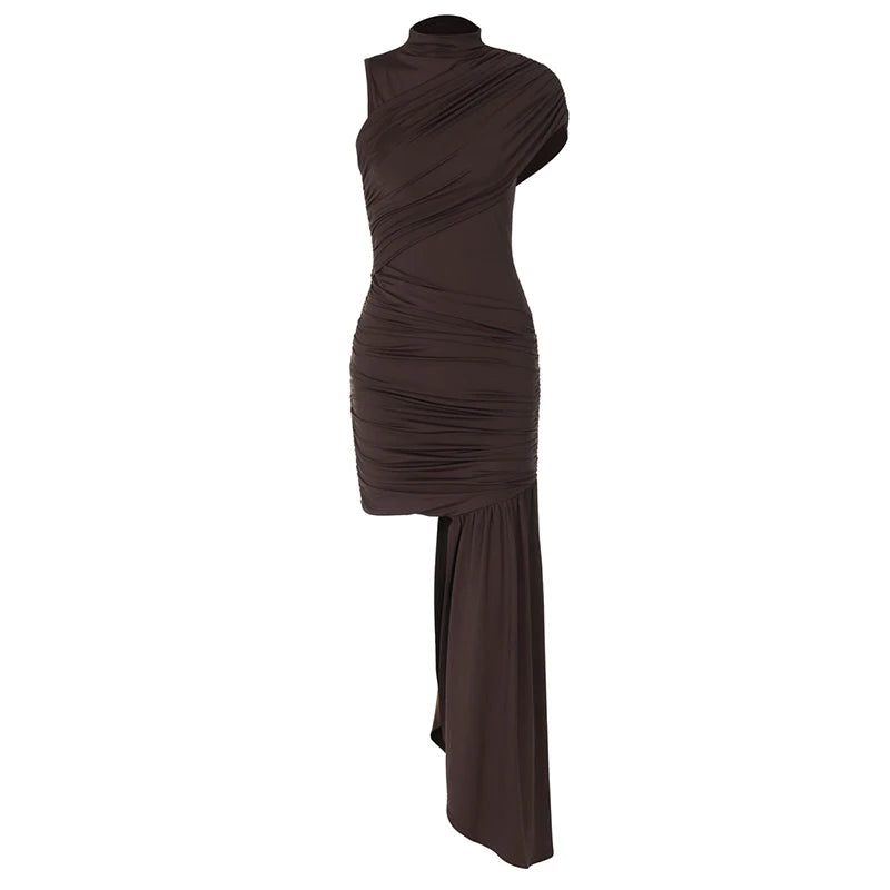 Sleeveless Mock Neck Draped Asymmetric Mini Dress