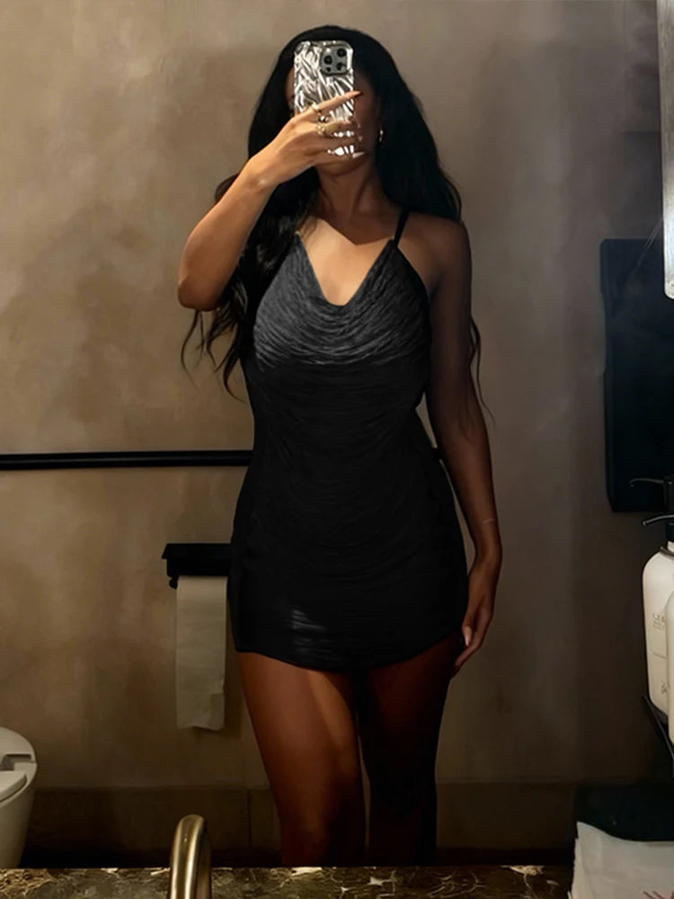 Halter Neck Cowl Backless TextuRed Mini Dress