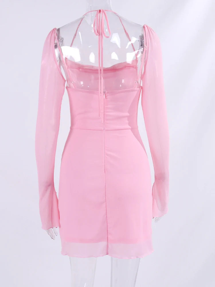 Cowl Neck Halter Mini Dress with Mesh Long Sleeves