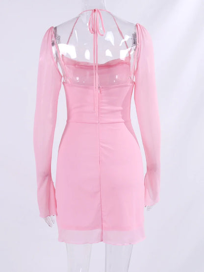 Cowl Neck Halter Mini Dress with Mesh Long Sleeves