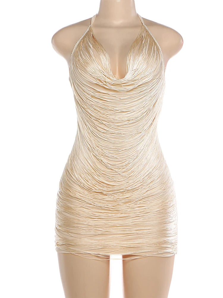 Halter Neck Cowl Backless TextuRed Mini Dress