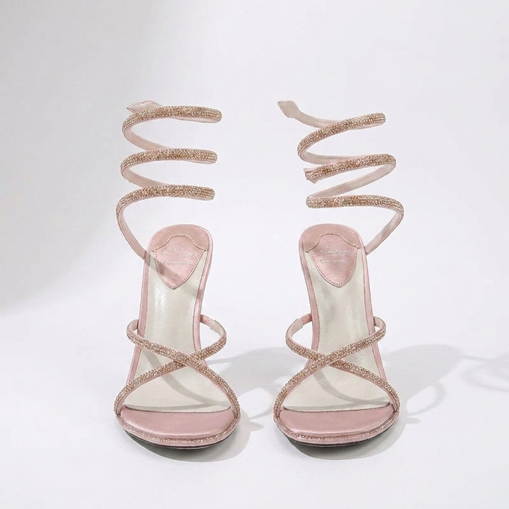 Medusa Rhinestone Spiral Wrap Around Stiletto Sandals