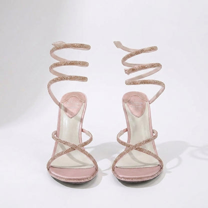 Medusa Rhinestone Spiral Wrap Around Stiletto Sandals