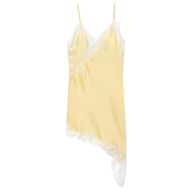 Spaghetti Strap Lace Trim Asymmetric Hem Slip Mini Dress