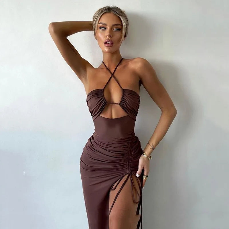 Halter Neck Cutout Ruched Side Slit Midi Dress