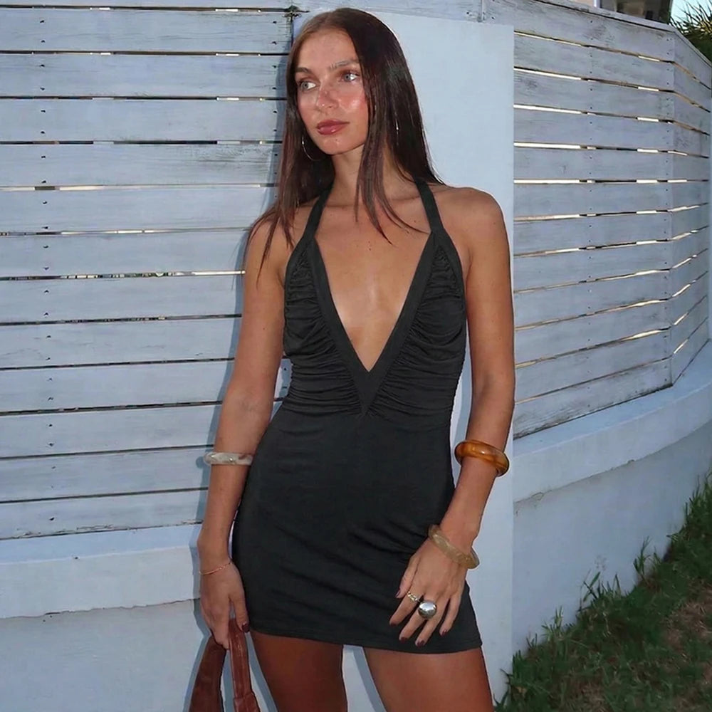 Deep V Neck Halter Ruched Bodycon Mini Dress