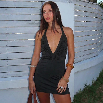 Deep V Neck Halter Ruched Bodycon Mini Dress