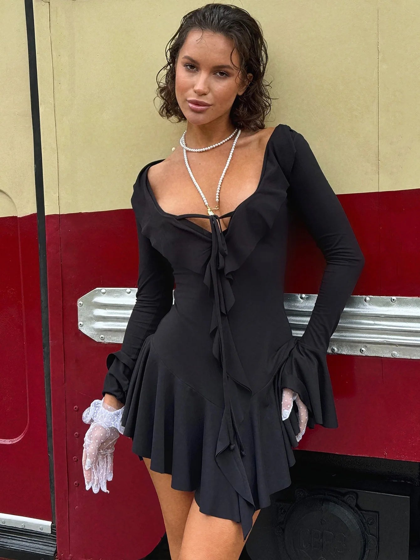 Long Sleeve Ruffle Trim Tie Front Mini Dress