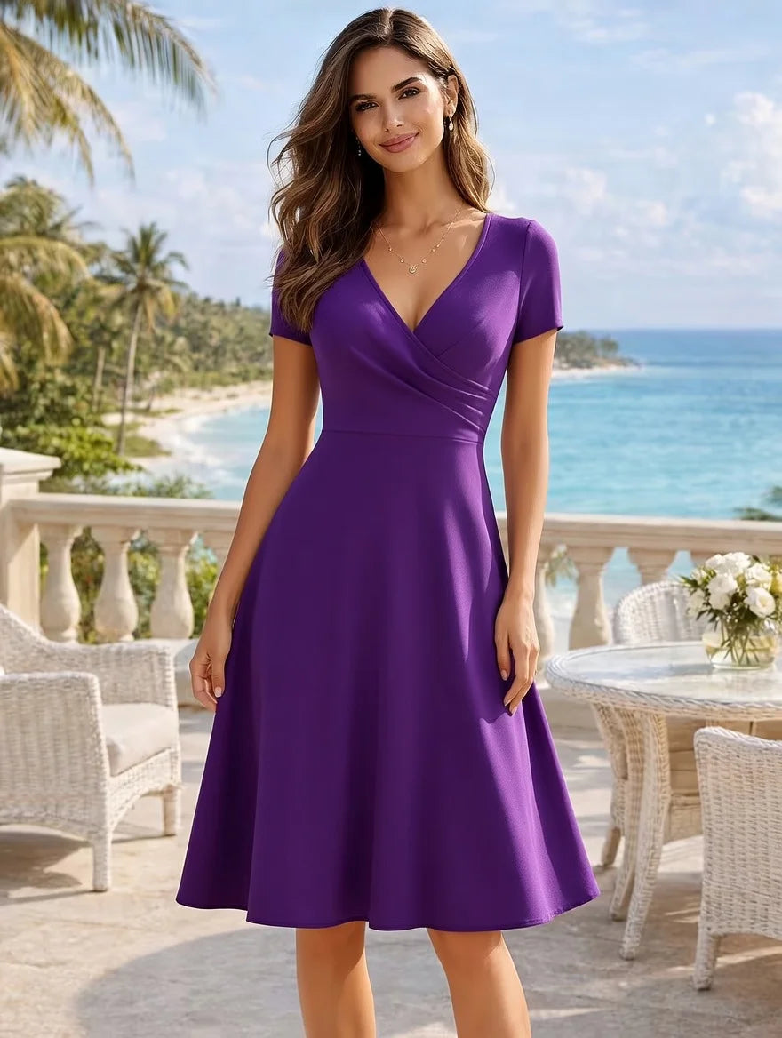 V Neck Cap Sleeve Wrap Front A Line Midi Dress