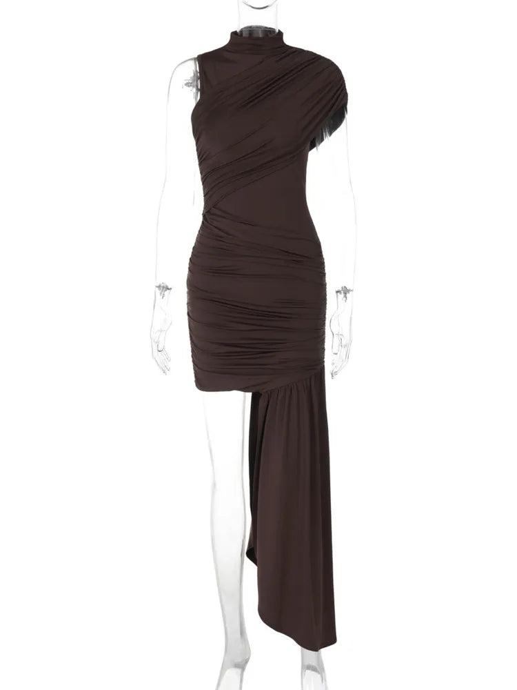 Sleeveless Mock Neck Draped Asymmetric Mini Dress