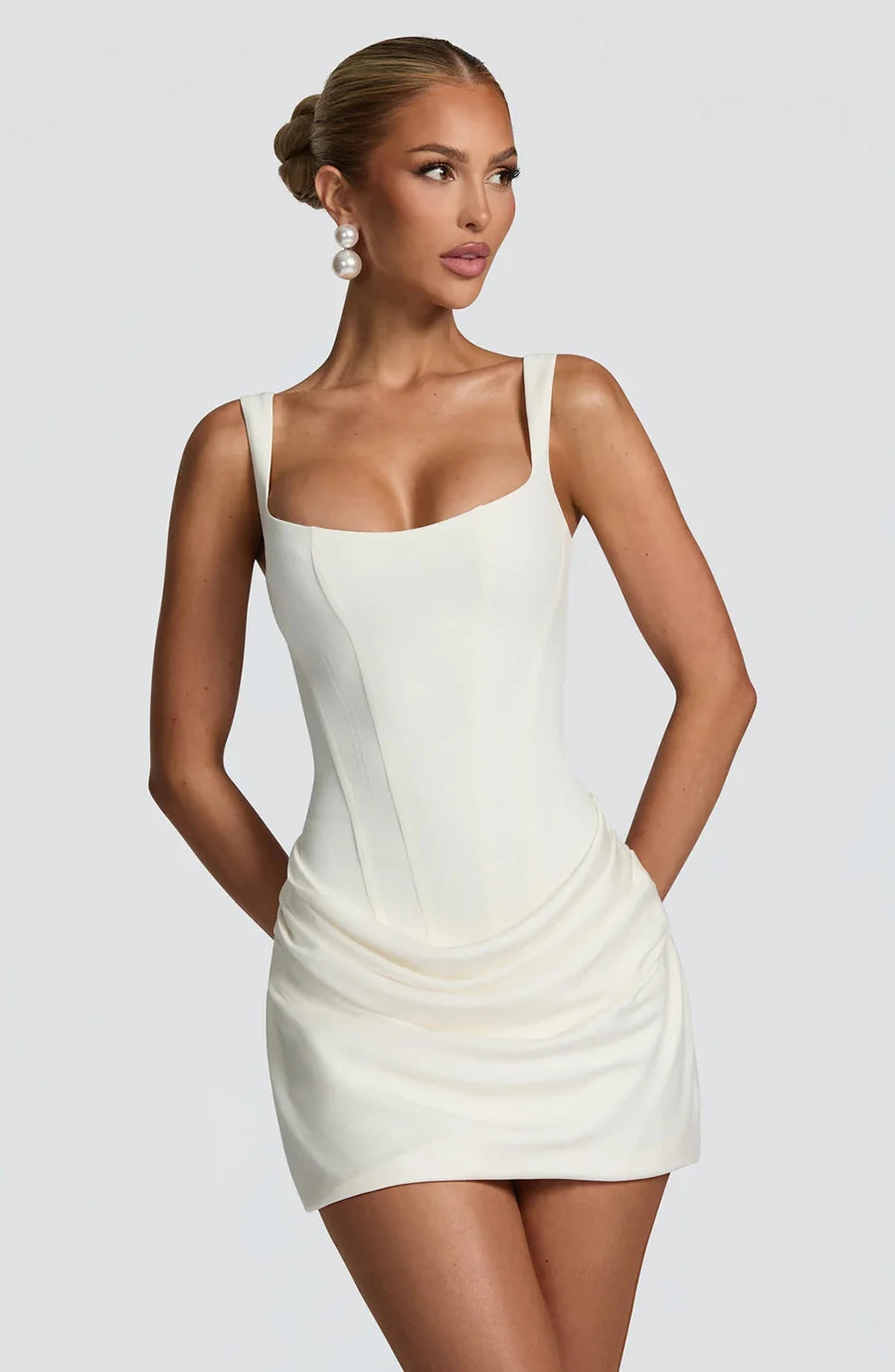 Square Neck Corset Style Draped Mini Dress