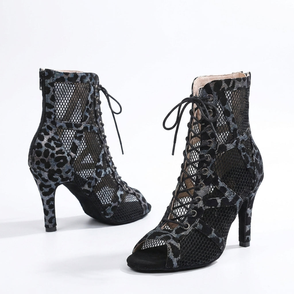 Safari Lace Up Leopard Print Mesh Heeled Booties