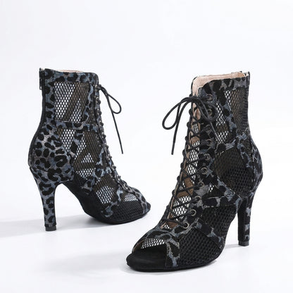 Safari Lace Up Leopard Print Mesh Heeled Booties