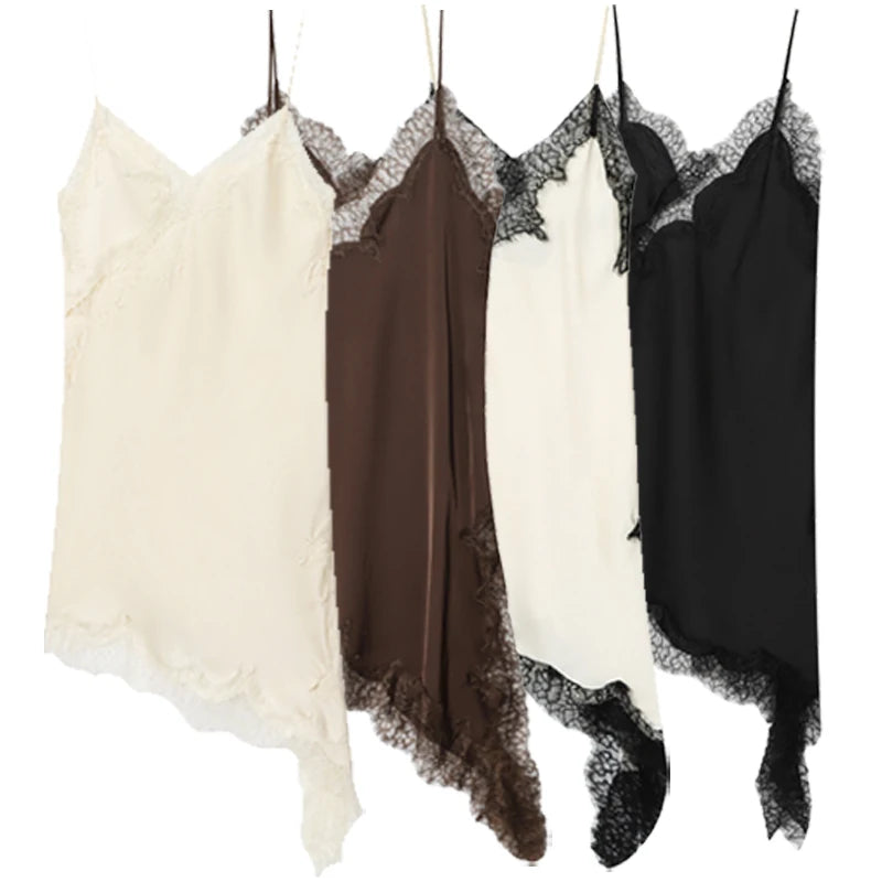 Spaghetti Strap Lace Trim Asymmetric Hem Slip Mini Dress