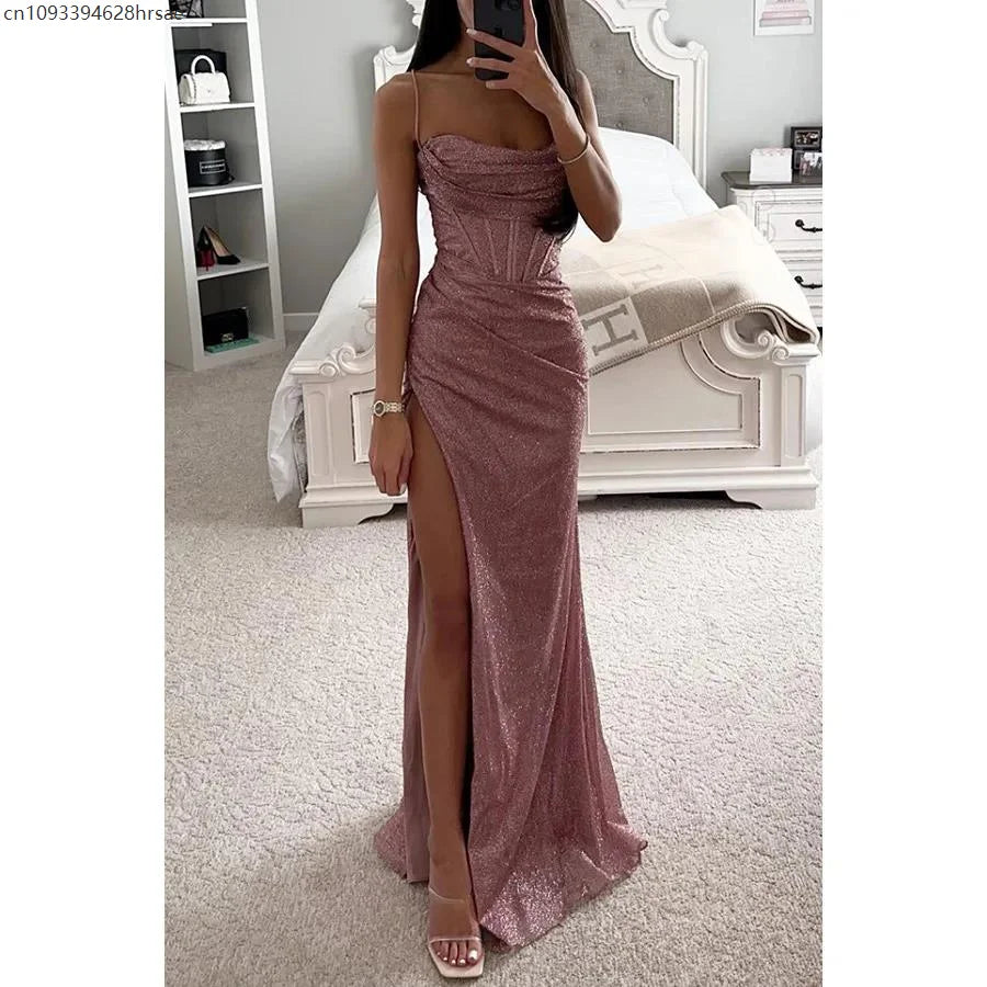 Spaghetti Strap Cowl Neck Corset Glitter High Slit Maxi Dress