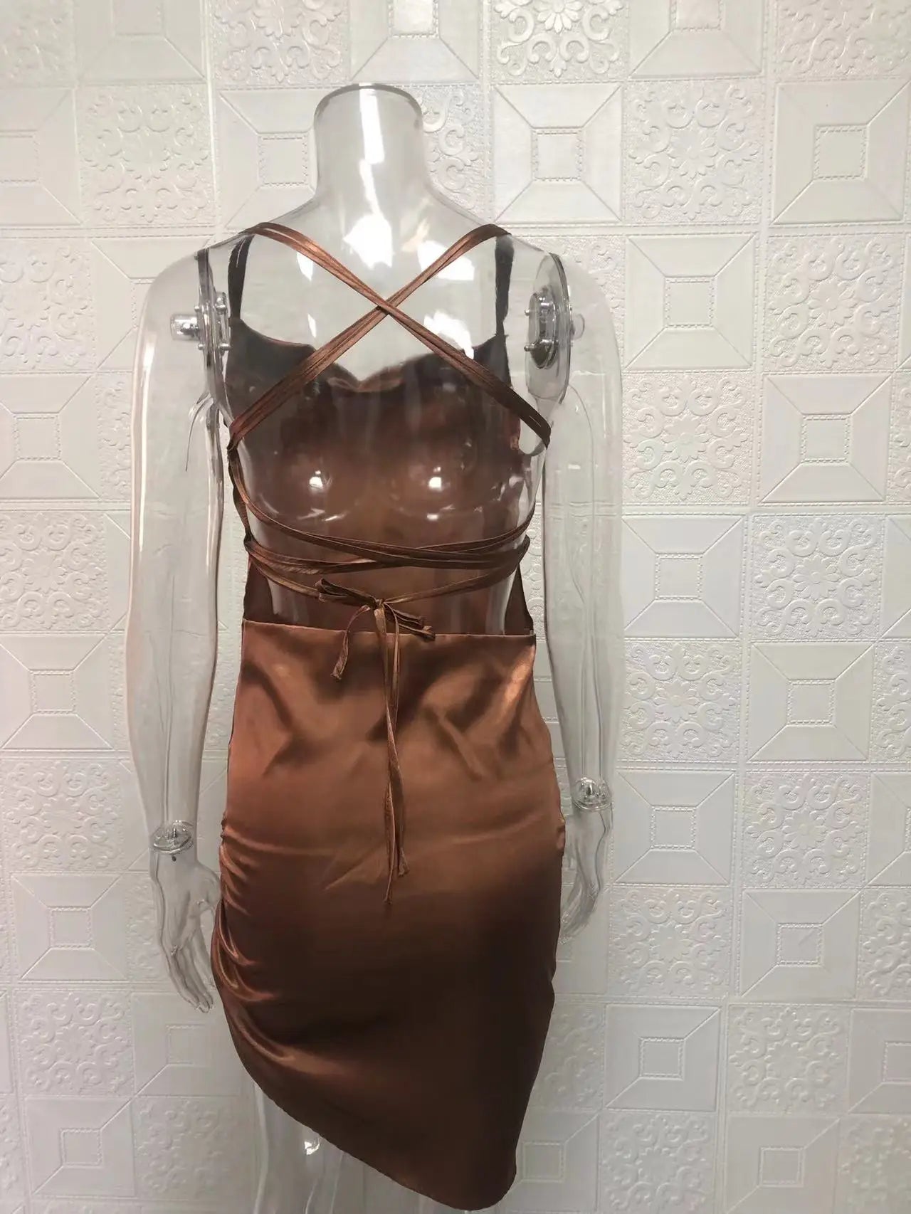 Satin Cowl Neck Ruched Side Slit Mini Dress