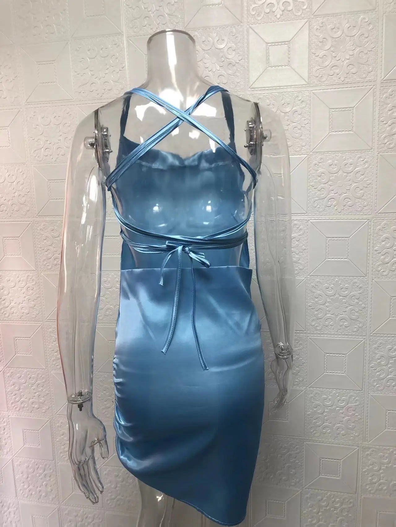 Satin Cowl Neck Ruched Side Slit Mini Dress