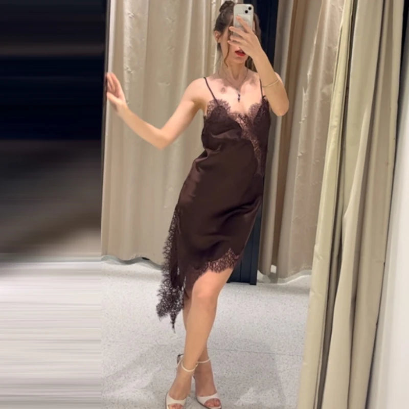 Spaghetti Strap Lace Trim Asymmetric Hem Slip Mini Dress