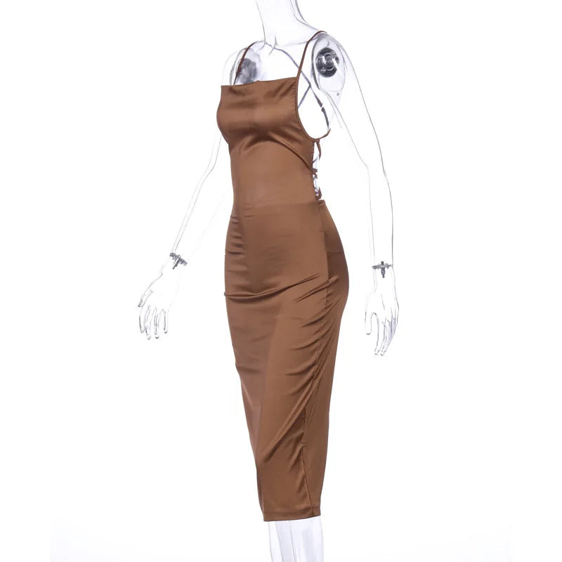 Satin Cowl Neck Backless Bodycon Midi Dress