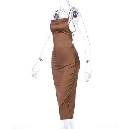 Satin Cowl Neck Backless Bodycon Midi Dress
