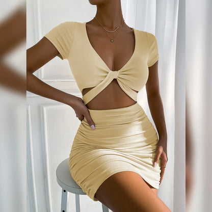 Short Sleeve Twist Front Cutout Ruched Mini Dress