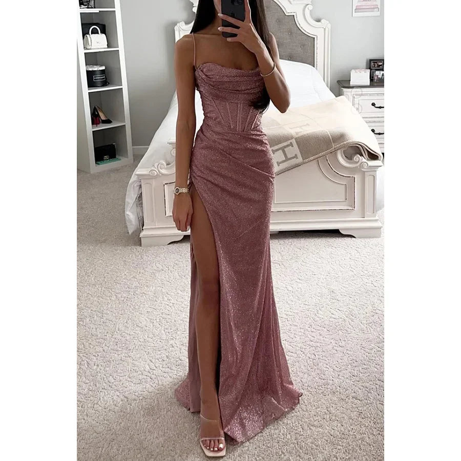 Spaghetti Strap Cowl Neck Corset Glitter High Slit Maxi Dress