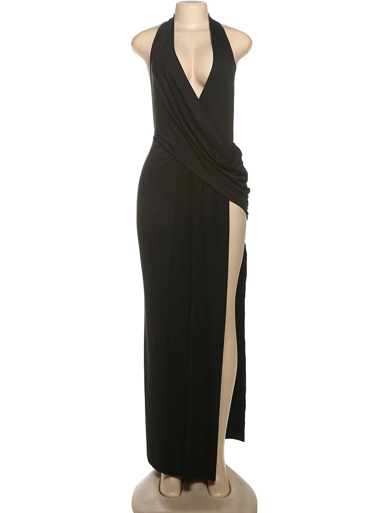 Draped Halter High Slit Resort Maxi Dress