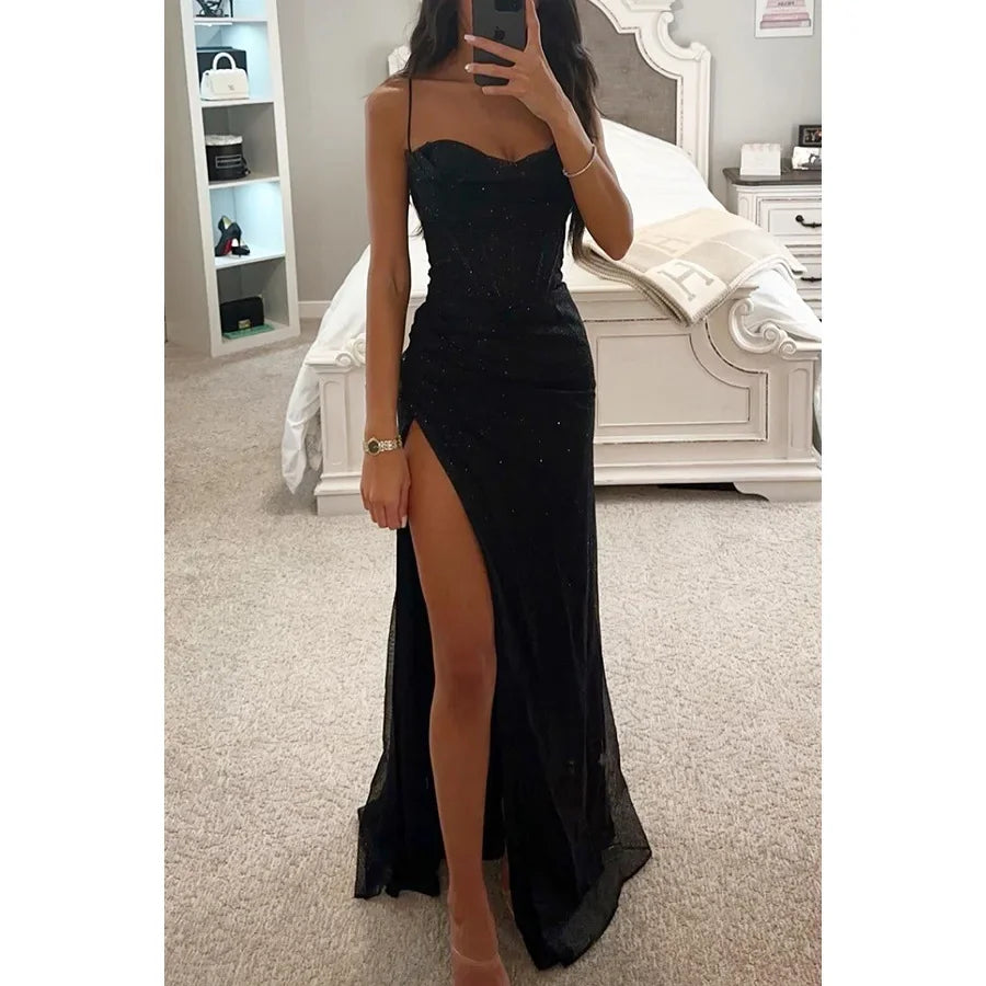 Spaghetti Strap Cowl Neck Corset Glitter High Slit Maxi Dress
