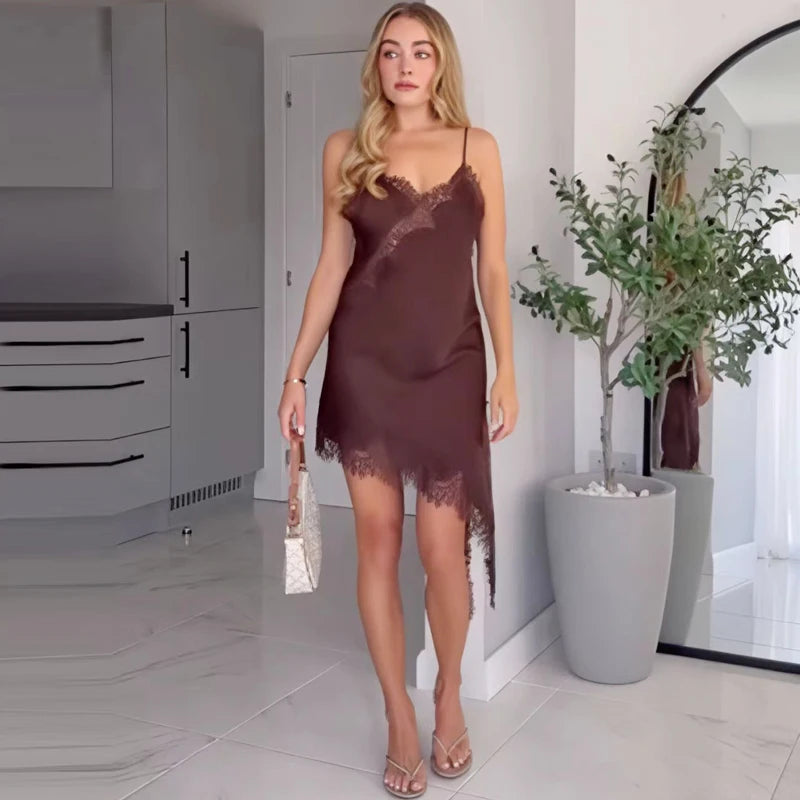 Spaghetti Strap Lace Trim Asymmetric Hem Slip Mini Dress