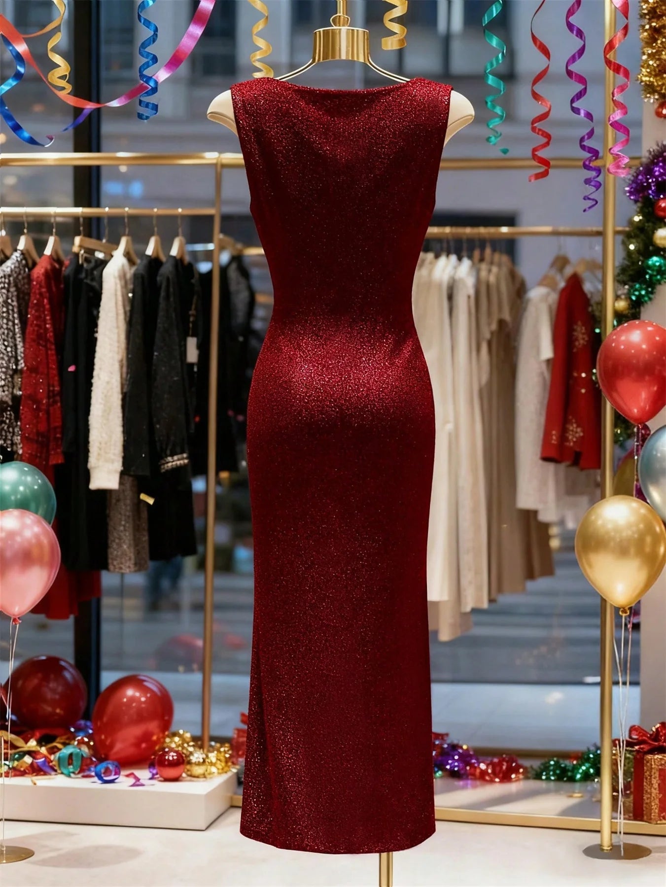 Cowl Neck Sleeveless Glitter Ruched Side Slit Maxi Dress