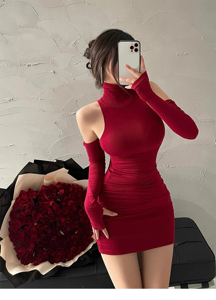 Ribbed Mock Neck Sleeveless Mini Dress with Matching Sleeves