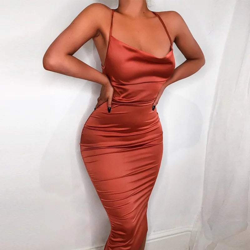Satin Cowl Neck Backless Bodycon Midi Dress