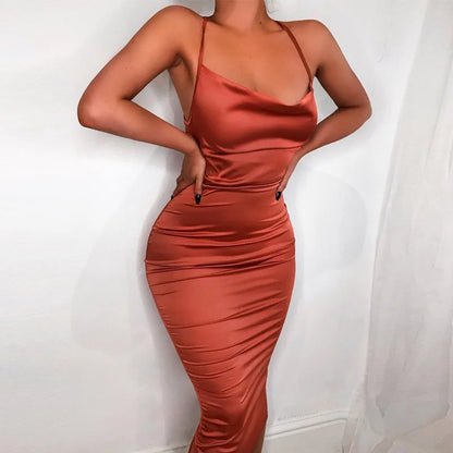 Satin Cowl Neck Backless Bodycon Midi Dress
