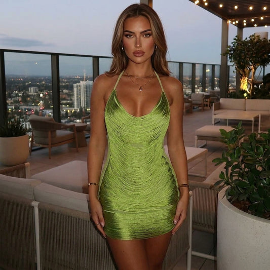 Halter Neck Cowl Backless Textured Mini Dress