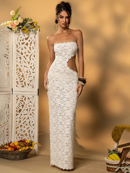 Strapless Lace Waist Cutout Mermaid Maxi Dress