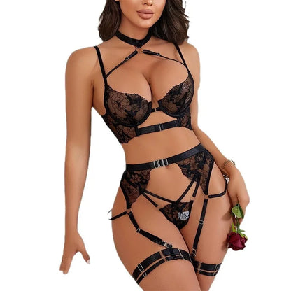 Embroidered Criss Cross Mesh Lingerie Set 4 Piece Collection