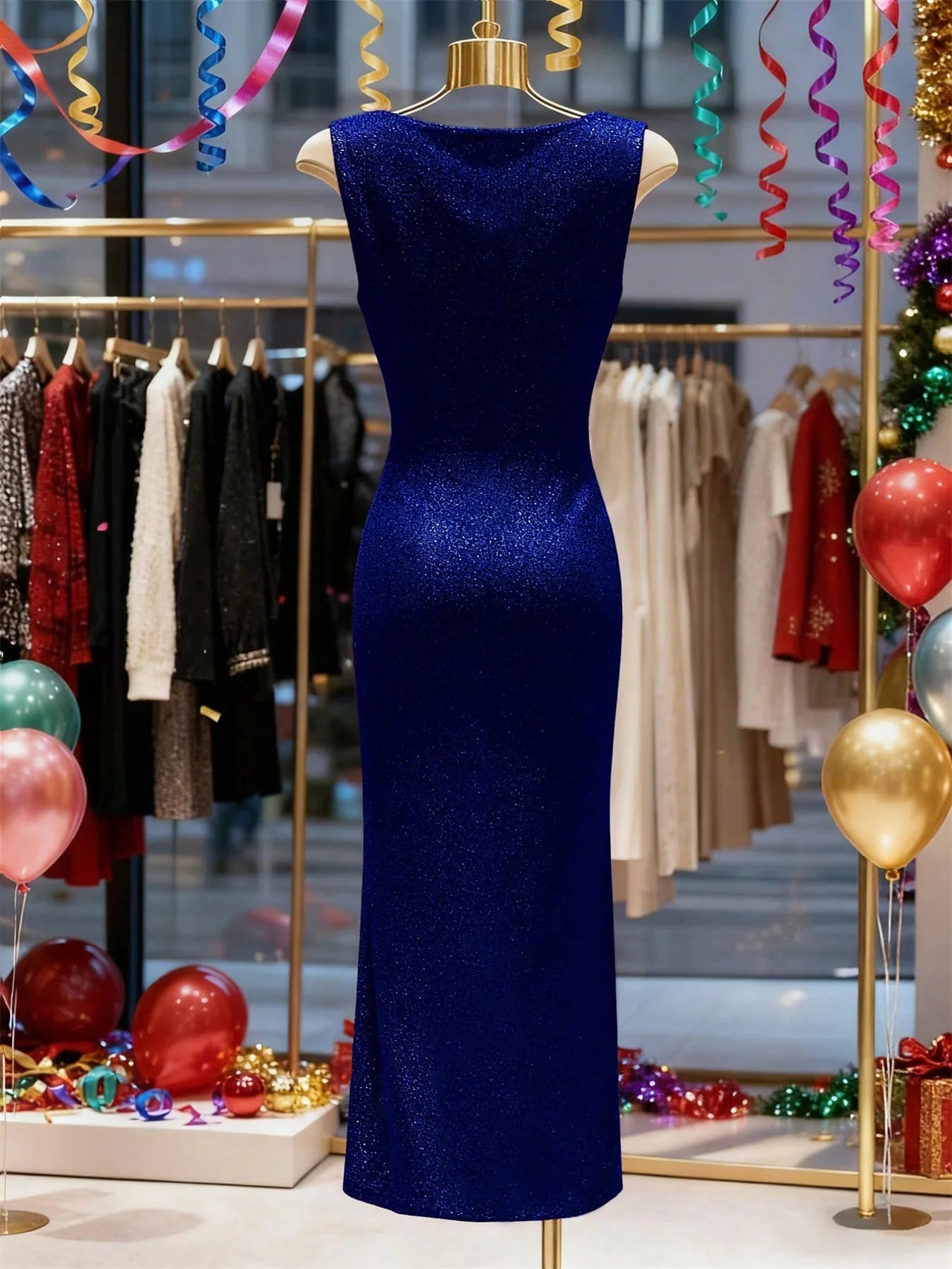 Cowl Neck Sleeveless Glitter Ruched Side Slit Maxi Dress