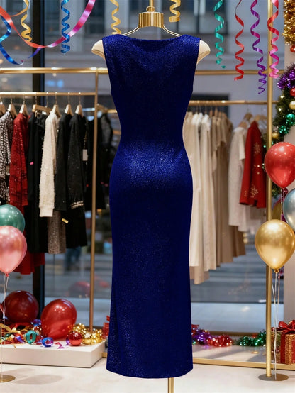 Cowl Neck Sleeveless Glitter Ruched Side Slit Maxi Dress